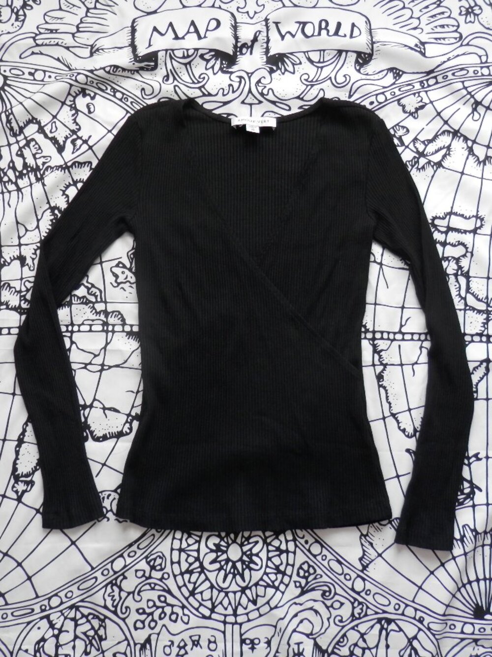 Amour Vert Black Ribbed Surplice Wrap Long Sleeve Top, Size XS
